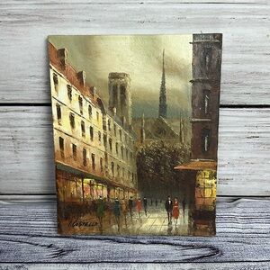 Original Oil on canvas Parisian street scene by Italian I.Costello Art 11” X 8”